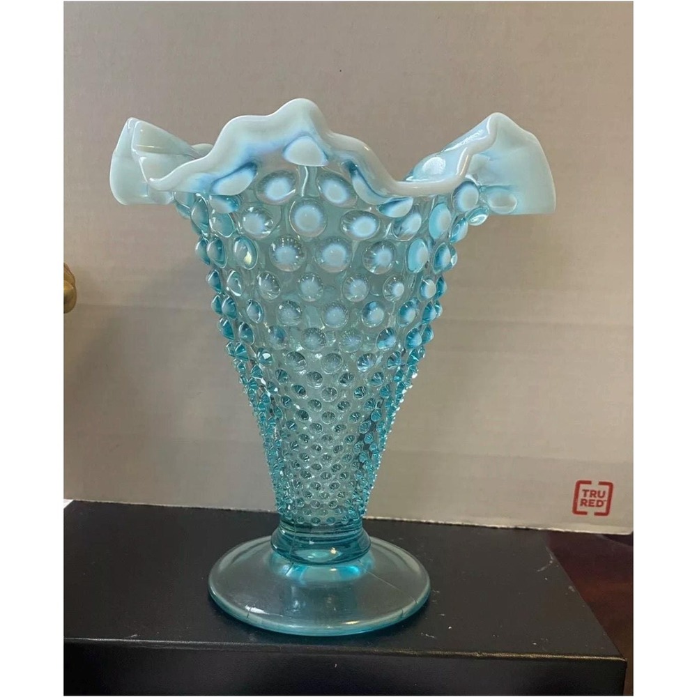 Fenton Blue Opalescent Hobnail Trumpet Vase With Ruffled edge  7.5"